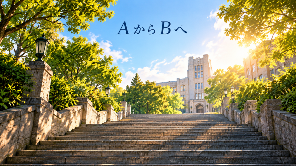 AからBへという文字と、大学へ続く階段の風景
