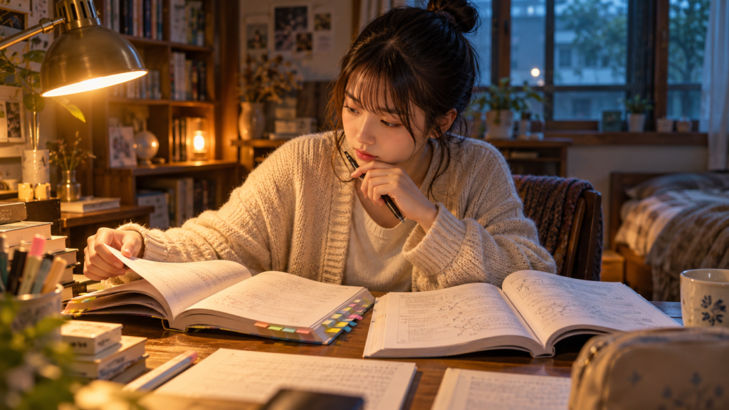 問題集と解説を見比べ、つまずいた原因を確かめる受験生