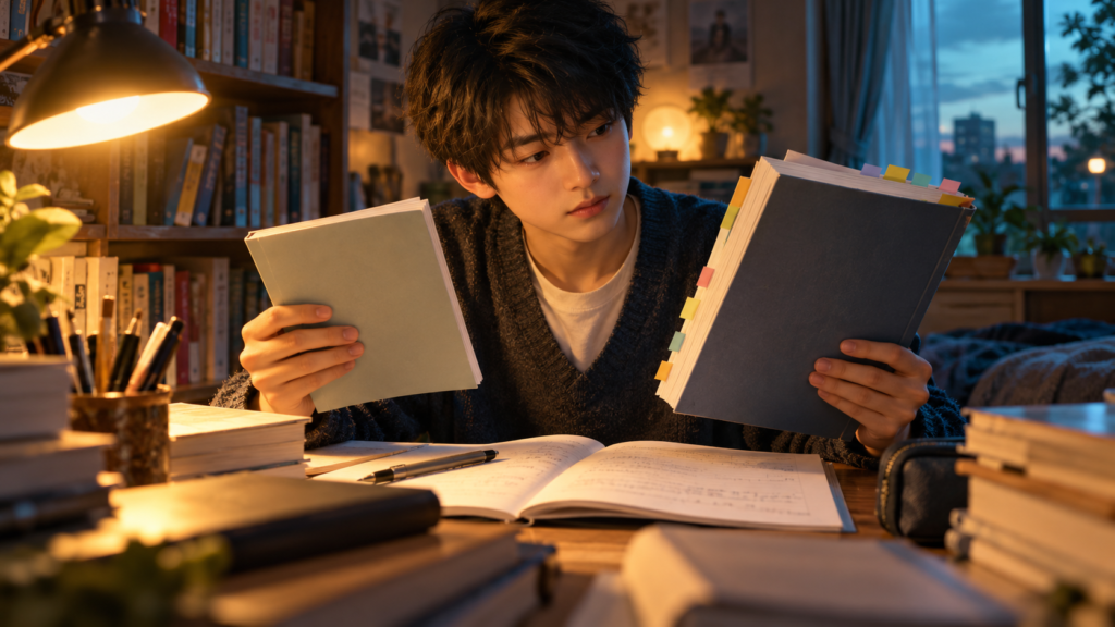 問題集と解答編を手に取り、組み合わせを確認する受験生