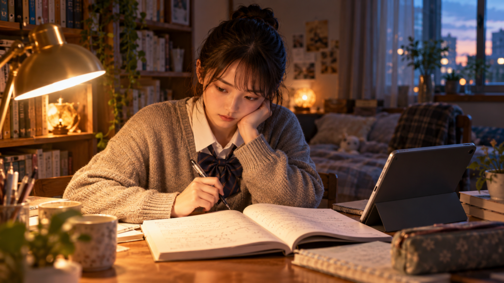 難しい問題集を前に、タブレットで学び直そうと考える受験生