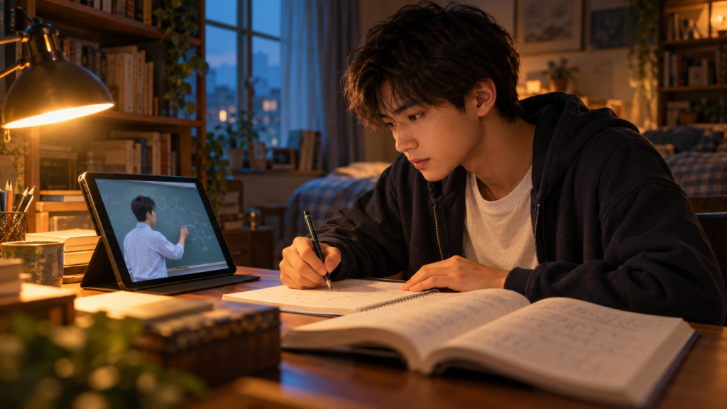 タブレットで講義を確認しながら、問題集とノートで演習する受験生
