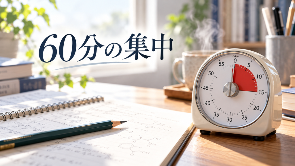 60分の集中という文字と学習用タイマー、ノート