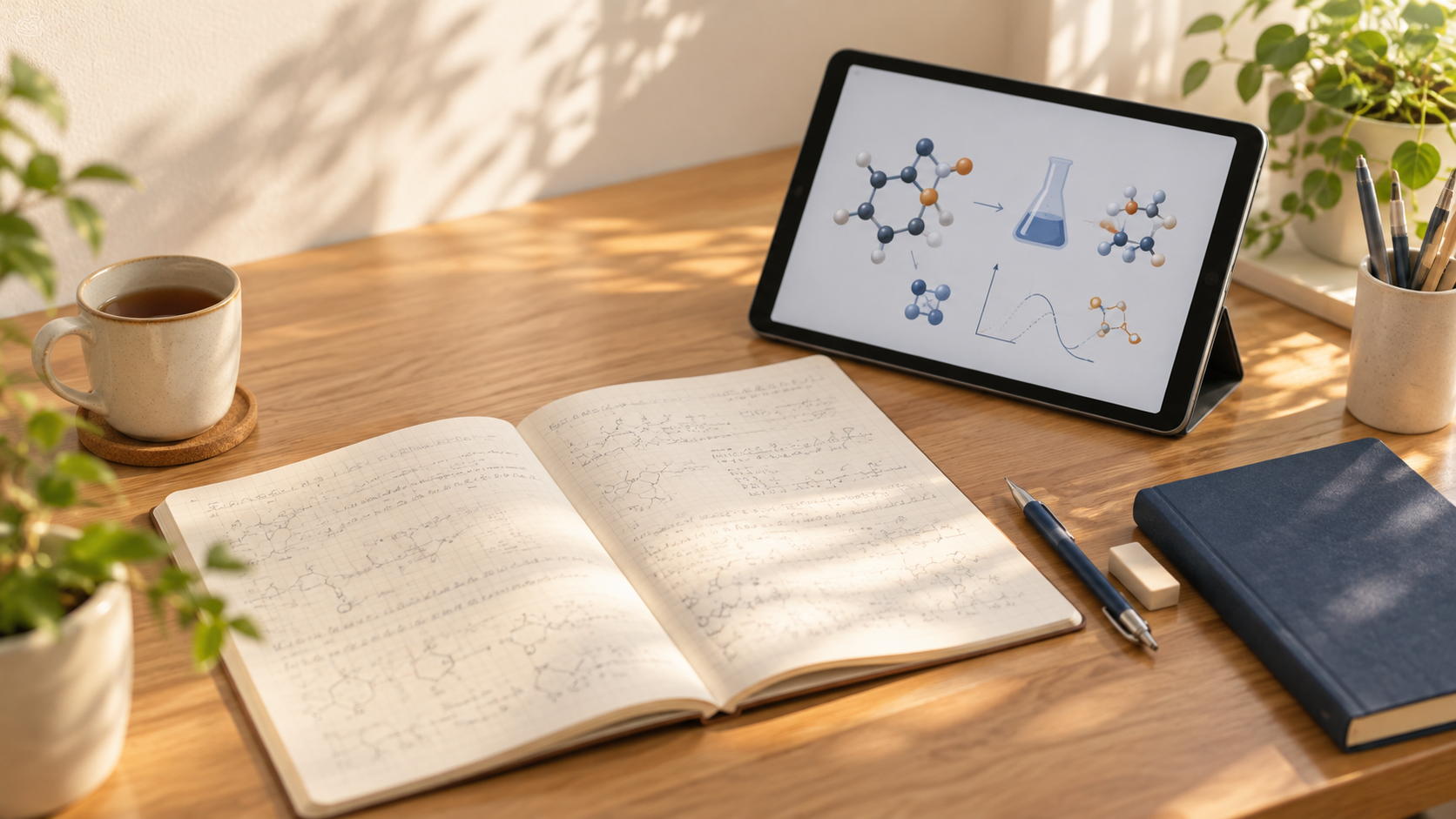 タブレットとノートを並べた化学学習のイメージ